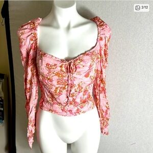 Free People Hilary Top Small Boho Long Sleeve Peasant Blouse Floral Pink Hillary